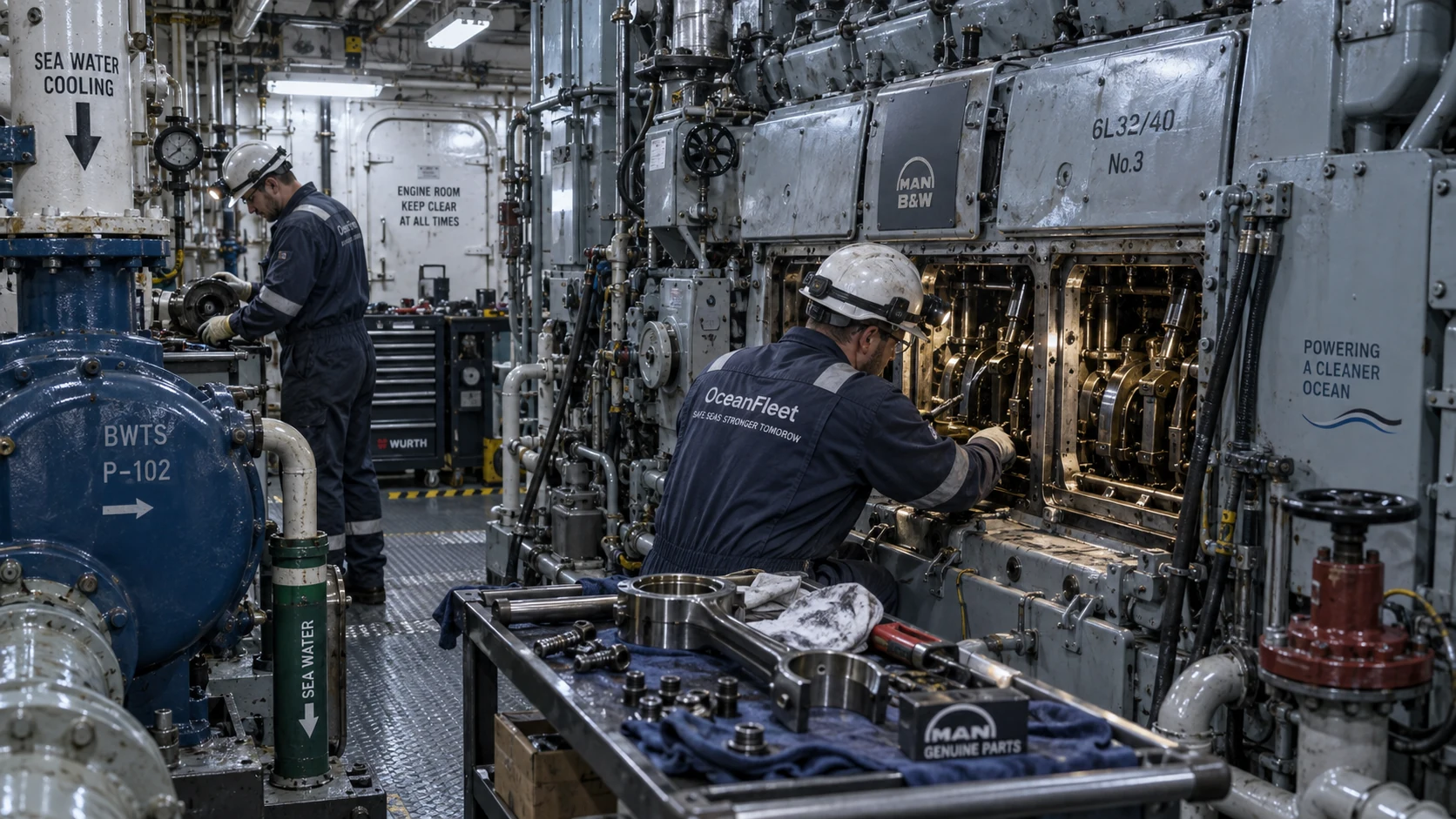 Engine maintenance in a ship engine room